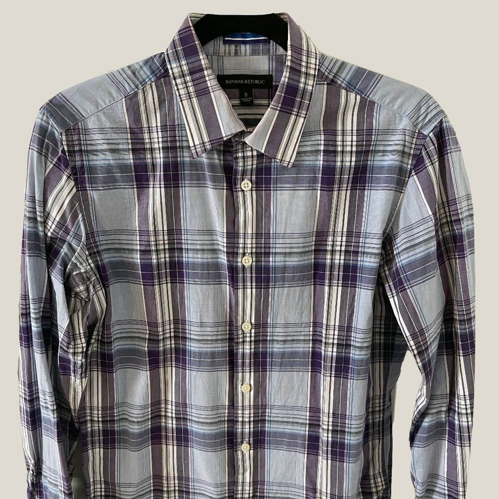 SALE S BANANA REPUBLIC BLUE NAVY WHITE PLAID DRESS SHIRT